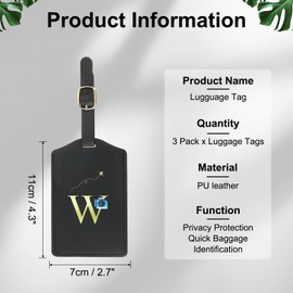 YELARXI Luggage Tags, Initial Letter Travel Luggage Baggage Labels PU Leather Waterproof for Privacy Protection ID Suitcase Identifier Backpack (3 Pack, Black W)