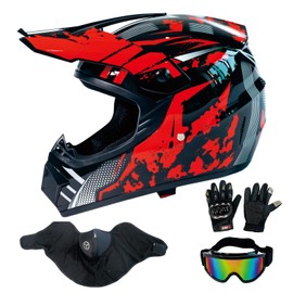 LASFRE Motocross Helmet DOT Dirtbike ATV Motorcycle Mountain Bike Full Face Helmet with Goggles Gloves Mask Gloss Red Storm L (58-59 cm)