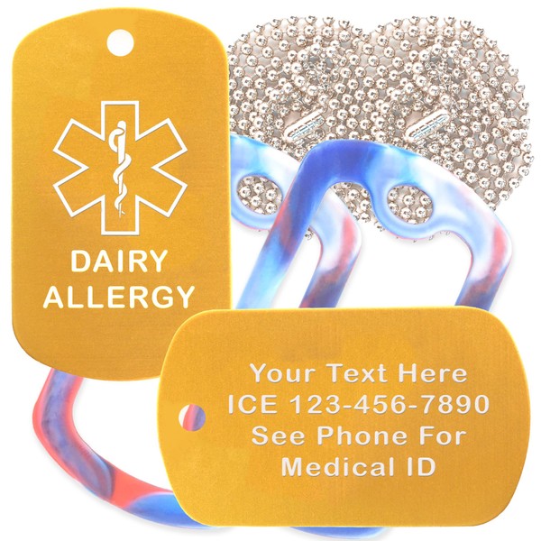 Custom 2 Pack - Dairy Allergy Medical Alert ID Necklaces with Gold Custom Tags, Red/White/Blue Silencers, and 30'' USA Chains