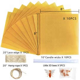Lacaser Beeswax Candle Making Kit, 10pcs 8"x 8" 100% Beeswax Sheets for Candle Making -Include Bee Ornaments, Lace, Cotton Wicks & Hemp Rope, DIY Candles Making Supplies