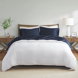 Madison Park 600 Thread Pima Cotton Bed Sheets, Luxurious Line Accent Hem Design, Premium 15" Elastic Pocket Fits up to 17" Mattress, All Season Bedding & Pillowcases, Queen Navy 4 Piece