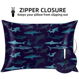 Silk Satin Pillowcase Standard Size for Hair and Skin, Navy Ocean Shark Print Cooling Pillow Case with Hidden Zipper Soft Breathable Pillow Cover Gifts for Women Men, 20x26in