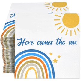 100 Pcs Here Comes The Son Baby Shower Decorations Rainbow Boho Cocktail Beverage Napkins Disposable Paper Dessert Napkin for Boys Kids Birthday Party Supplies