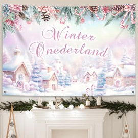 MEHOFOND 7x5ft Winter Onederland Backdrop for Pink Winter Happy 1st Birthday Party Decorations Banner Gingerbread House Birthday Party Decor Photo Booth Props