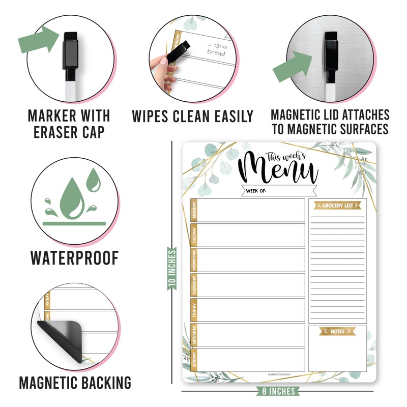 Hadley Designs Greenery Weekly Dinner Menu Board For Kitchen-Magnetic Meal