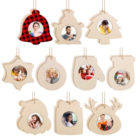20 Pieces Christmas Wooden Photo Frame Ornaments Crafts Wood Picture Frame Ornaments Pack to Paint DIY Christmas Ornament with 10 Creative Styles for Crafts Holiday Presents Home Tree Decoration