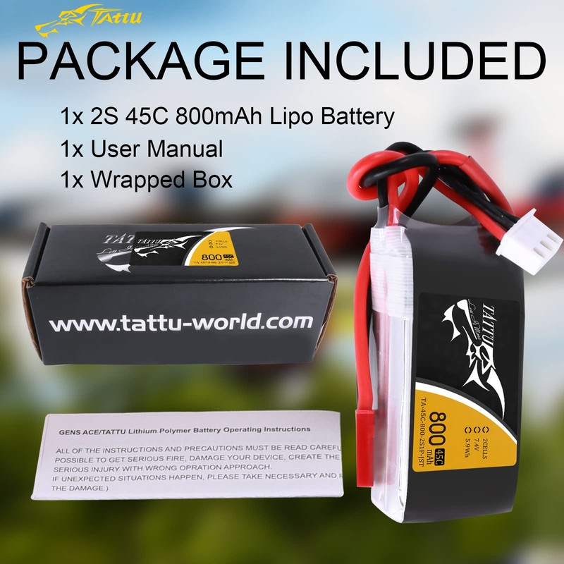 TATTU 800mAh 7.4V 45C 2S1P LiPo Battery Pack with JST-SYP
