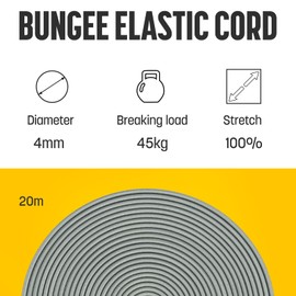 Kamu Synber Bungee Cord 4mm x 20m Elastic Shock Cord Bungee Rope for Tarpaulin, Kayak, Tie Down, Camping | Grey