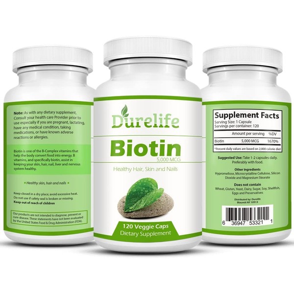 Biotin Supplement 120 Count High Potency 5000 mcg by Durelife, Biotin is Perfect for Hair Growth and Strong Nails and Glowing Skin