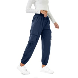 COPYLEAF Womens Parachute Cargo Pants with Pockets Quick Dry Hiking Pants Lightweight Water-Resistant Baggy Joggers(Navy Blue M)