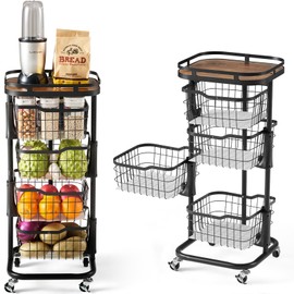 Ocyfym 4 Tier Kitchen Vegetable Storage Cart Fruit Basket with Rotating Bowls, Rolling Cart on Wheels with Wire Mesh Basket, Small Metal Pantry Organizer Stand Holder for Onion Potato, Black & Rustic