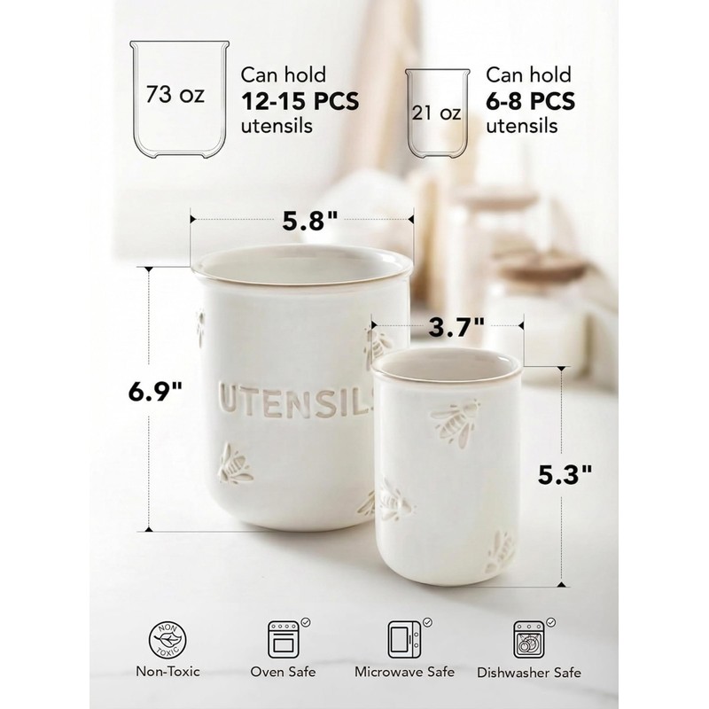 LE TAUCI Utensil Holder for Kitchen Counter - 6.9"+5.3" Ceramic