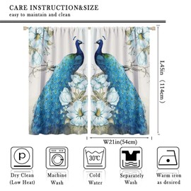 GoDazzling Blue Peacock Blackout Windows Curtains Vintage Elegant Wild Animal Bird Beautiful Teal Peacock Feather Flower Curtain for Kitchen Living Room Bedroom 42x45in 2 Panels