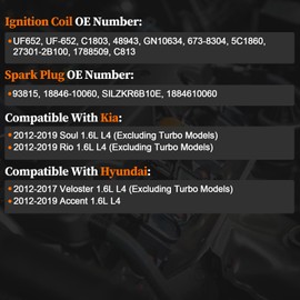 2012-2019 UF652 Ignition Coil Pack and 93815 Spark Plugs Compatible for Kia Soul Rio 2012-2019, Hyundai Veloster 2012-2017, Accent 2012-2019, 1.6L L4, Replaces 5C1860 27301-2B100