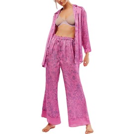 LILTWIST Silk Satin Pajamas Set for Women 2 Piece Floral Pjs Wide Leg Lounge Pants Set Long Sleeve Button down Pj Shirts Set Rose
