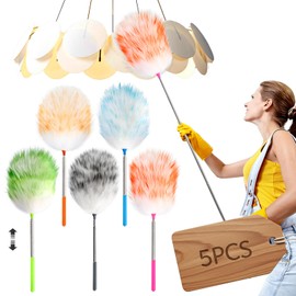 5PCS Extendable Lambswool Duster with 35-55 Inch Adjustable Aluminum Handle,Feather Duster Static Electricity Dust Adsorption, Reusable Cleaning Tool for Home, Car, Office, Ceiling, Furniture