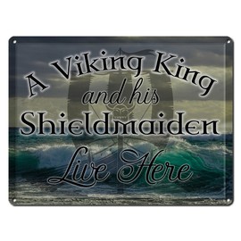 A Viking King and His Shieldmaiden Live Here, 9 x 12 Inch Metal Sign, Viking Accessories and Wall Decor for Man Cave, Brewery, Bar, Gifts for Men, Dad, Boyfriend, Vintage Rusty Look, RK3048 9x12