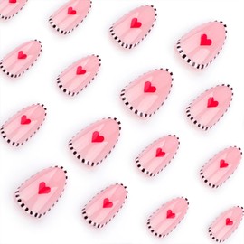 Short Almond Press on Nails Valentine Heart False Nails with Designs Black and White Stripes Stick on Nails Reusable Fake Nails Glue on Nails for Women 24Pcs