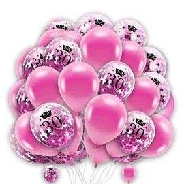 Happy Birthday 30th Age Balloons - Pink Confetti & Pearl Balloons (12"), 10 Pack With Ribbon