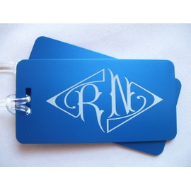 Pair of Luggage Tags (2) Jumbo Aluminum Engraved Front & Back Diamond Monogram