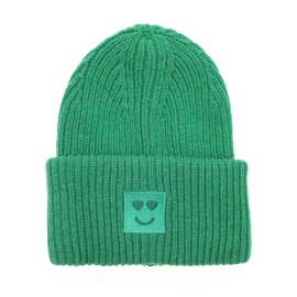 Zwillingsherz Slouch Beanie Hat with Wool - High Quality Knitted Hat with Heart Smileys Patch for Women Girls Boys - Hat - Chunky Knit - One Size - Warm and Soft for Spring Autumn and Winter, Green
