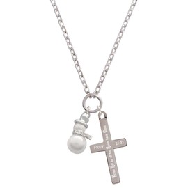 Delight Jewelry Silvertone Imitation Pearl Snowman - Praise Her Engraved Cross Zoey Necklace, 28"