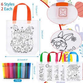 HOWAF 12pcs Easter Coloing Goodie Bags, Color Your Own Easter Bag, Rabbit Bunny DIY Graffiti Non-Woven Bags Egg Hunt Tote Bags Spring Crafts for Kids Favors