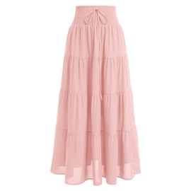 IWEMEK Women Summer Boho Maxi Skirt Ruched Elastic High Waist Casual Ruffle Flowy Swing Tiered Pleated A-Line Holiday Casual Gypsy Vintage Long Skirts Full Length Pink M