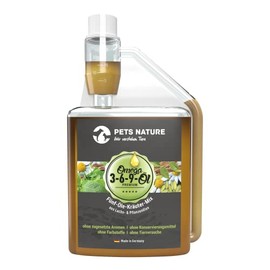 Pets Nature Omega 3-6-9-Öl für Hunde und Katzen - reines Premium Kräuter-Barf-Öl mit Distel-, Hanf-, Lachs-, Chia- und Leinöl - 100% natürlich, schonend kaltgepresst (250 ml)