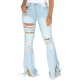 Bell Bottom Jeans for Women Ripped Hole Classic Denim Flare Pants(80Light Blue,X-Large)