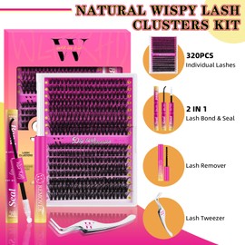 Lash Extension Kit 320PCS Eyelash Clusters 40D 50D DIY Eyelash Extension Individual Lashes Natural Lash Clusters Kit with Lash Bond and Seal, Remover and Tweezers(D-Mix9-16mm)