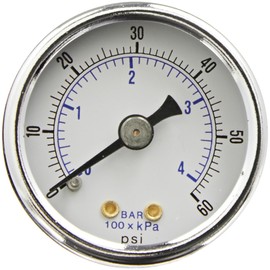 PIC Gauge 102D-158D 1.5" Dial, 0/60 psi Range, 1/8" Male NPT Connection Size, Center Back Mount Dry Pressure Gauge with a Black Steel Case, Brass Internals, Chrome Bezel, and Plastic Lens