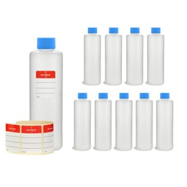 Octopus 10 x 250 ml Plastic Bottles, HDPE Plastic Bottles with Blue Screw Caps, Empty Bottles with Blue Screw Caps, Round Bottles with 10 Labelling Labels