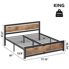 GAOMON King Size Bed Frame with Headboard, Industrial King Platform Bedframe No Box Spring Needed, Easy Assemble Noise Free King Bed Mattress Base, Rustic Brown