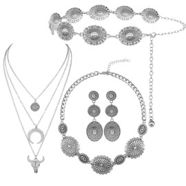GOGZBD Western Concho Belt Cowgirl Necklace Dangle Earrings Jewelry set for Women Chain Belt (silvery set)