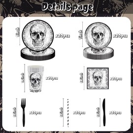 140Pcs Black Skull Birthday Party Decorations for 20 Guests - Disposable Tableware Skull Party Supplies Plates and Napkins Forks Cups Straws Baby Shower Birthday Decorations