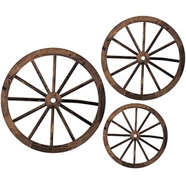 3 Pcs Wooden Wagon Wheel Wall Decor 12/10/8 Inch Old Western Wood Wagon Wheel Wall Art Farmhouse Wagon Wheels Rustic Yard Decor Wood Hanging Decorative Wheels for Garden Home Bar Garage (Dark Brown)