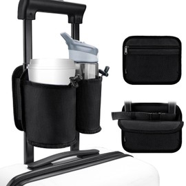 WALNEW Luggage Travel Drink Holder, Hands-Free Drink Caddy Attachment, Drink Carrier for Drinks, Coffee Cups, Fits Rolling Suitcase Handles, Travel Accessories, Black