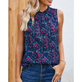 SimpleFun Womens Summer Tank Tops Boho Ruffled Flower Blouse Sleeveless Shirts Top Dressy Floral Navy Blue L