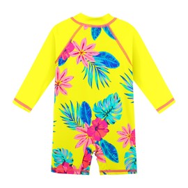 XFGIRLS Little Girls One Piece Bright Neon Swimwear One Piece Rash Guard Beach Wear Quick-Dry Full Zipper with Shorts, Yellowflower, 3-4T
