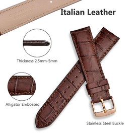 WOCCI 22mm Watch Band, Italian Leather, Embossed Alligator Grain, Rose Gold Buckle (Brown)