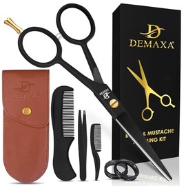 DEMAXA - 5" Professional Mustache Scissors Beard Scissors for Men with Slant Tweezers 1 Moustache Comb 1 Brush