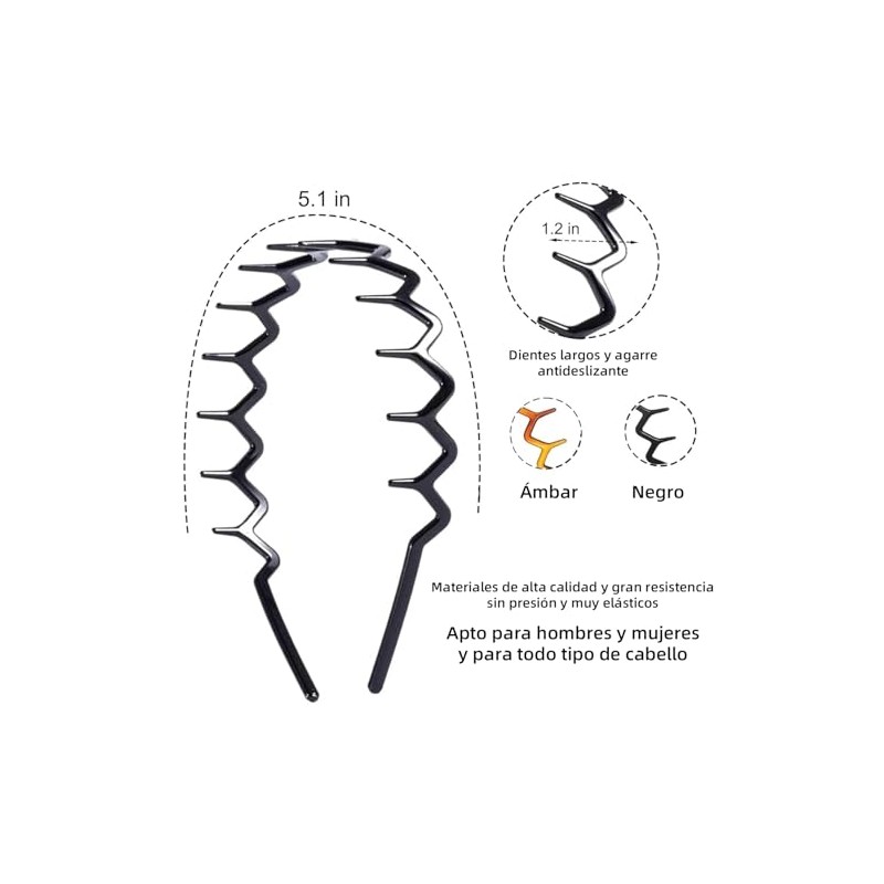 Diademas Zigzag 2 Piezas, Onduladas Antideslizantes Unisex