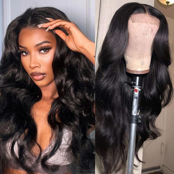 DÉBUT Body Wave Lace Front Wig Real Hair 4 × 4 Lace Front Wigs for Women HD Lace Front Wig Real Hair 180% Density Pre-Plucked with Baby Hair Glueless Wigs (60 cm, Natural Black)