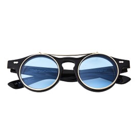 Ultra Small Round Flip Up Steampunk Sunglasses UV400 - Unisex for Men and Women with Polycarbonate Lenses - Retro Round Glass Style - Unisex Sun Glasses with Flip Feature - Black with Aqua Lenses
