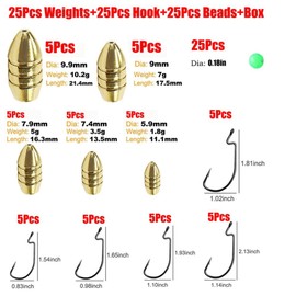 Brass Fishing Weights Kit - 10g 7g 5g 3.5g 1.8g Brass Hollow Sinkers Fishing Copper Weights with Hooks & Luminous Beads, Freshwater Saltwater Fishing Tackle [75PCS]