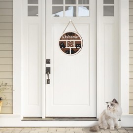 IARTTOP 3D Funny Black Cat Welcome Door Sign,Cats Welcome People Tolerated Kitty Footprint Wood Hanging Plaque,10”x10” Black Cat Themed Wreath Wall Decor for Home Pet Shop,Cat Lover Gifts For Women