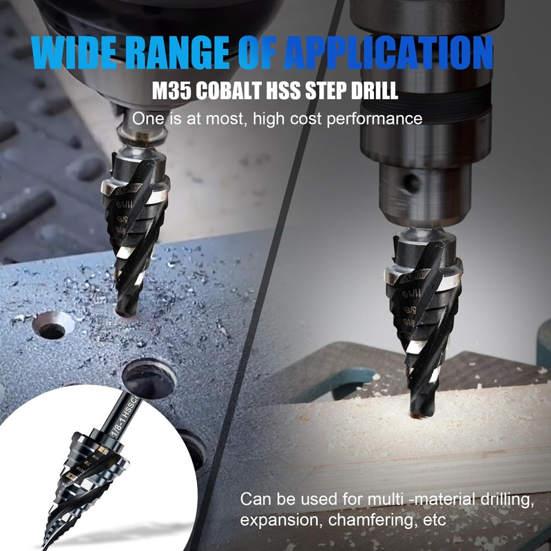Four Spiral Flute M35 Step Drill Bit Set 1/8"-1"(9 Sizes),