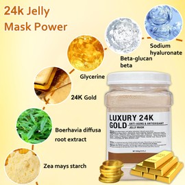 Ouhans Jelly Mask Powder for Facials,24k Gold Jelly Masks for Facials Professional,Peel off Rubber Mask,Anti Aging,Moisturizing,Hydrating,Jelly Face Mask,with Double-ended Silicone Brush,23 Fl Oz