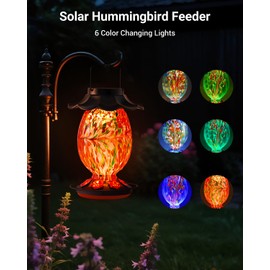 HouseSapp Solar Hummingbird Feeder - 49 fl.oz Hand Blown Glass Color Changing - 7 Feeding Ports with Perch - Never Leak - Perfect Hummingbird Feeder